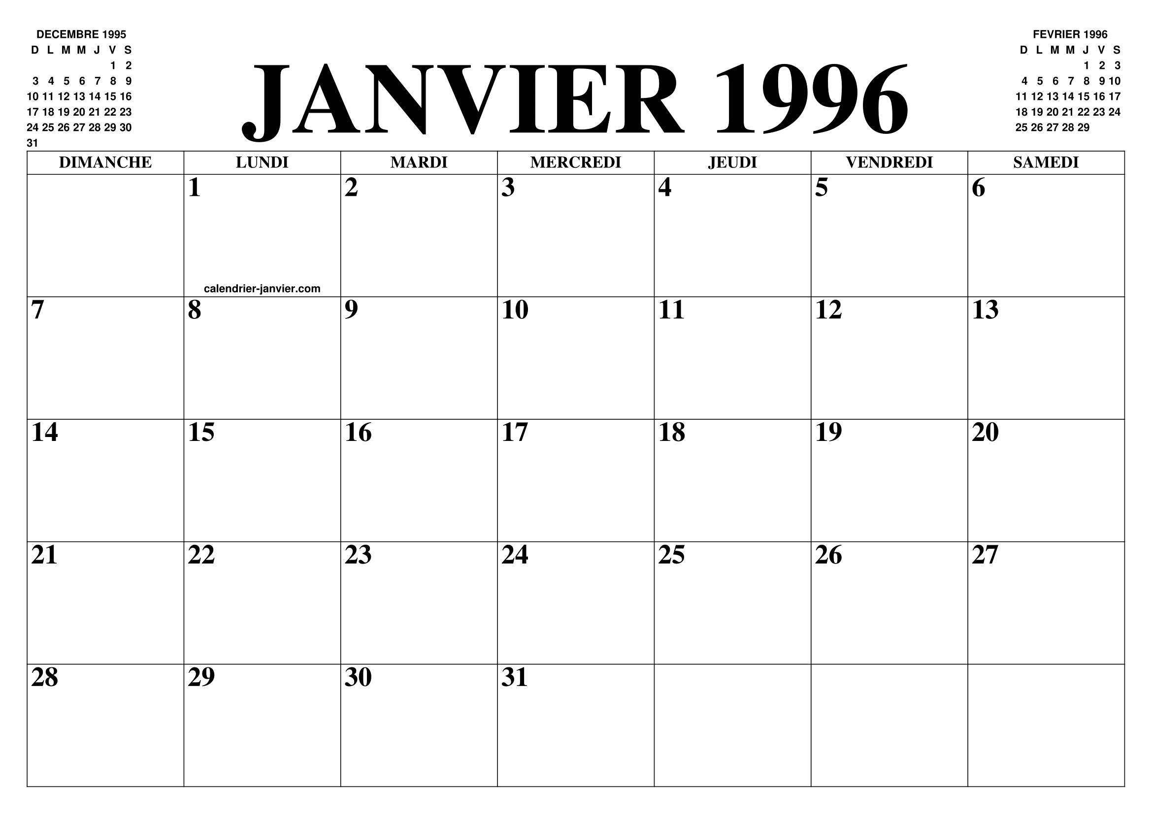 CALENDRIER JANVIER 1996 : LE CALENDRIER DU MOIS DE JANVIER GRATUIT A  IMPRIMER - AGENDA