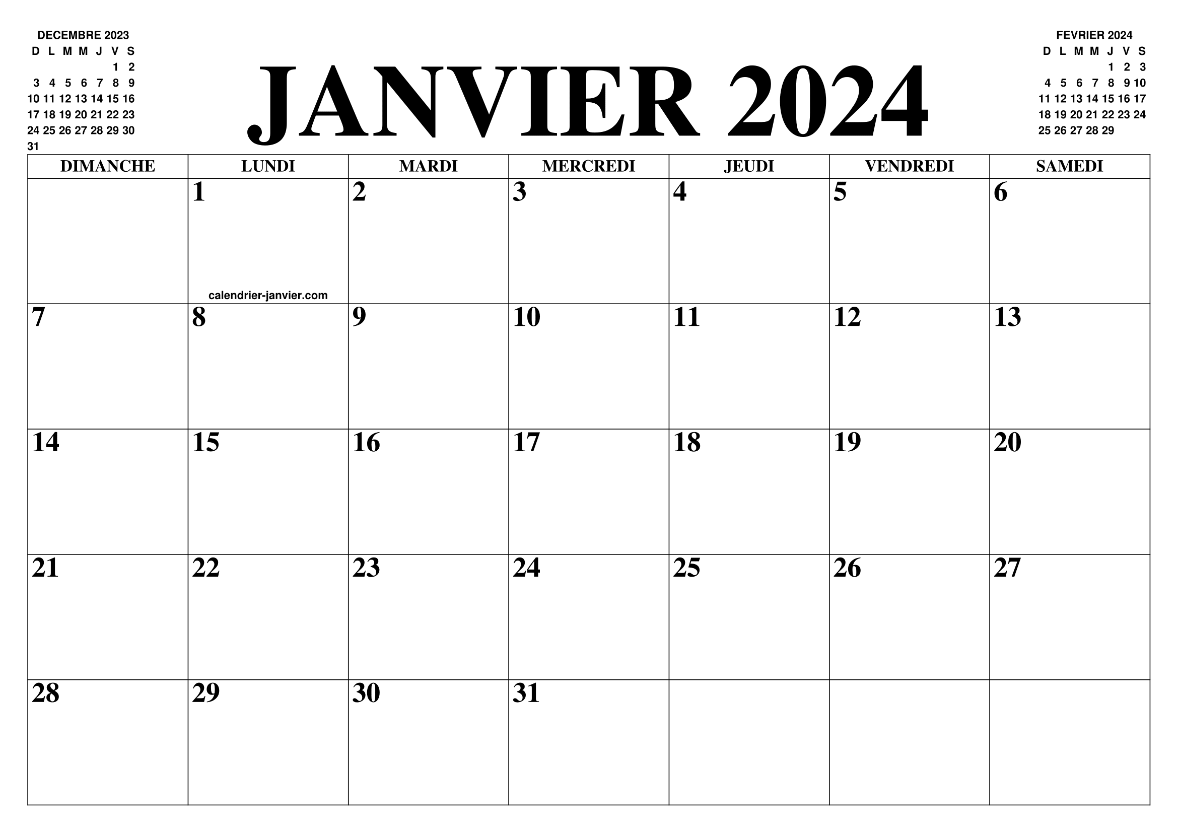 CALENDRIER JANVIER 2024 LE CALENDRIER DU MOIS DE JANVIER 2024 GRATUIT